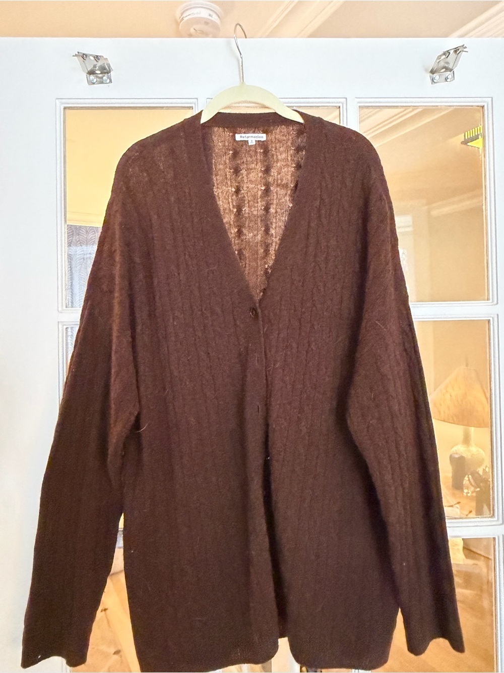 Reformation Chocolate Brown Cable-Knit V-Neck Cardigan